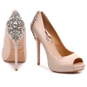 Badgley Mischka blush pink crystal-embellished peep-toe platform heels